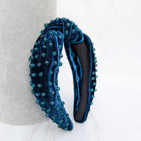 Deep Teal Beaded Knot Velvet Headband Teal Faceted Beads Handmade Knotted Winter main image 5